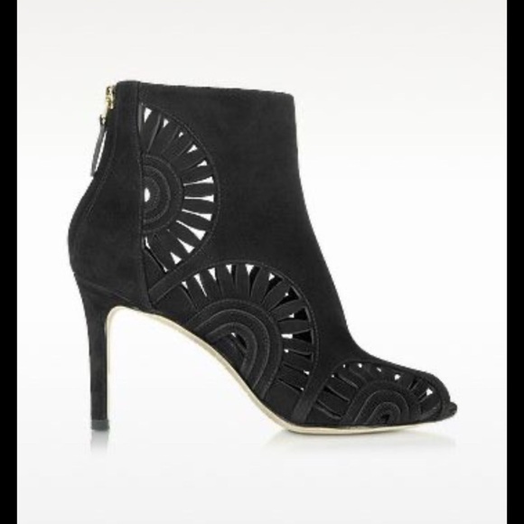TORY BURCH Leyla Cut Out Geometric Bootie Royal Black Suede Stiletto Heels 6.5 - Picture 1 of 7